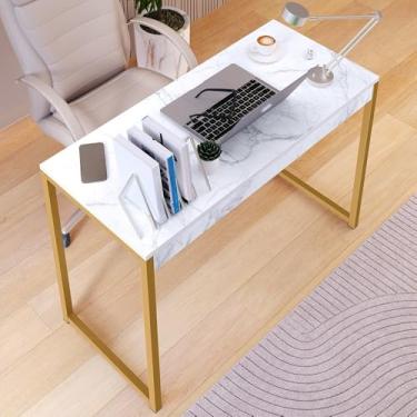 Imagem de Mesa Diretor Escritório 90cm Pês de aço MDF Compacta Moderna para Home Office com Espaço e Estilo(Mármore)