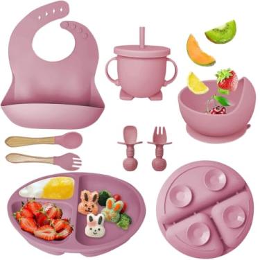 Imagem de Kit de Alimentação Infantil em Silicone, 8 Peças, Rosa e Azul, com Prato Dividido, Talheres, Copo com Canudo, Babador, para Bebês Acima de 3 Meses (ROSA)