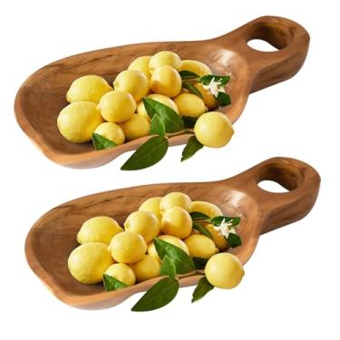 Imagem de Pacote com 2 bandejas de madeira de teca maciça - 31 x 17 x 4 cm - Travessa de madeira feita à mão com alça de madeira tábua de queijo para alimentos, queijo, lanches, frutas, aperitivos, charcutaria