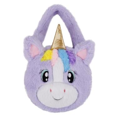 Imagem de June Garden Bolsa de mão de unicórnio de pelúcia de 28 cm – Bolsa macia para animais mágicos com fecho de zíper – Bolsa de ombro infantil para meninas a partir de 2 anos