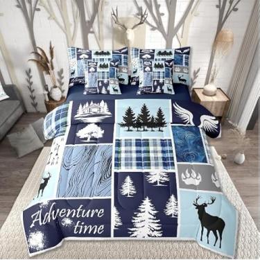 Imagem de Erosebridal Conjunto de edredom rústico de caça, 7 peças, solteiro, campo, campo, alce, urso, alce, retrô, patchwork, xadrez, azul