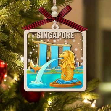 Imagem de Enfeite de Natal de madeira de Singapura, decoração de 2 camadas de madeira e acrílico com fonte de merlion e areias da baía da marina em cena de inverno nevado, presente de lembrança de feriado para