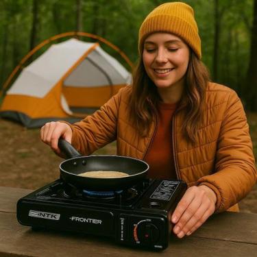 Imagem de Fogão Fogareiro Acendedor Panela Levar Viagem Gás Camping Preto Grill 