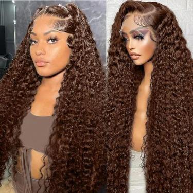 Imagem de Peruca frontal de renda Bworto Chocolate Brown Human Hair 56cm