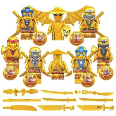 Imagem de Kit 8 Bonecos Blocos De Montar Dourado Escudo Ninjago