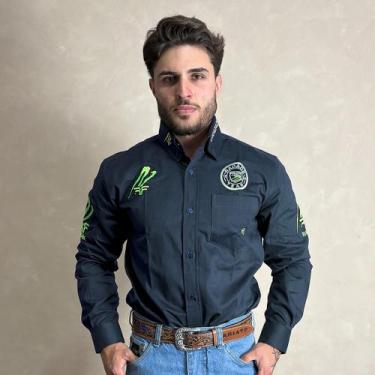 Imagem de Camisa Radade Rodeio Masculina Bordada Manga Longa Cowboy, Azul marinh