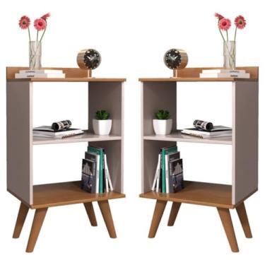 Imagem de Kit 2 Mesa de Cabeceira Quarto Mesinha Armário Apoio Leitura Lateral Cama Box Casal Nicho Decoração Pés Retrô Charmosa Sleep Siena - Offwhite/Freijó
