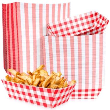 Imagem de JCTHKUKU 100 bandejas de comida de papel guingão vermelho, pré-dobradas, xadrez, barcos de comida descartáveis para cachorros-quentes, batatas fritas, nachos, lanches, carnaval, piquenique, chá de