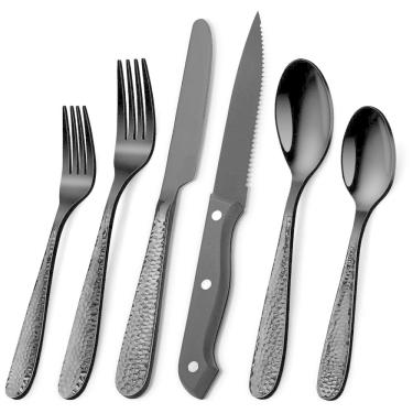 Imagem de Conjunto de Talheres Pretos Martelados para 8 pessoas, 48 peças de Cutelaria de Alta Resistência, incluindo Facas de Carne,Aswwid