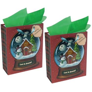 Imagem de Sacos de presente de Natal para Globo de Neve – Médio 33 x 25 x 10 cm – Pacote com 2 sacos de papel resistentes para presente com papel de seda, etiqueta e alça – "Let It Snow" – Perfeito para