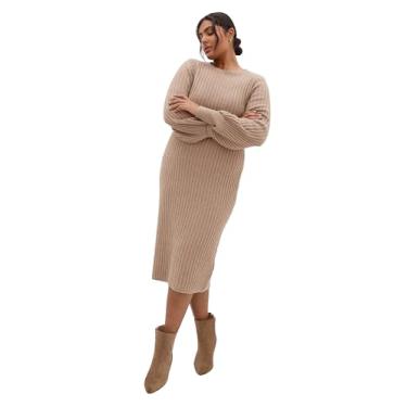 Imagem de City Chic Vestido feminino plus size - Sarah manga longa canelada, Mistura de cogumelos, 50