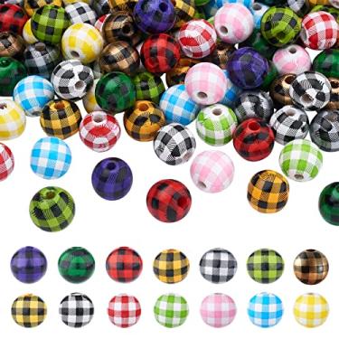 Imagem de Fashewelry 140 peças 16 mm xadrez tartan contas de madeira redondas naturais 14 cores bufflo xadrez grande buraco bola de madeira espaçador contas soltas 5/8 polegadas para fazer joias orifício: 4 mm