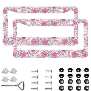 Imagem de 2 peças de capas de moldura de placa de licença arco-íris hibisco de aço inoxidável hibisco arco-íris capa de placa de licença com tampa de parafuso e conjunto de chave de fenda - 2 furos para meninas