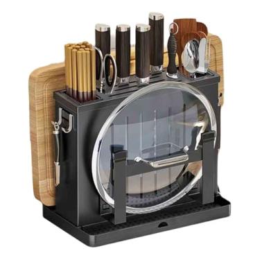 Imagem de JUSHZ Bandeja de cozimento, bandeja de armazenamento, suporte para armário, suporte de tábua de cortar, bancada de cozinha, faca de aço inoxidável, cesto de talheres com bandeja de drenagem (preto, 30