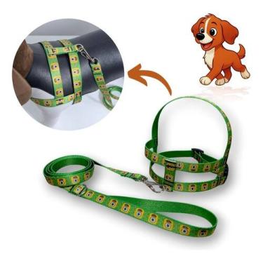 Imagem de Coleira Peitoral Lari Pet Com Guia Cães Seda Estampada N2, Verde