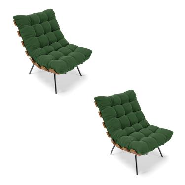 Imagem de Kit 02 Poltronas Costela Suede Verde Base Metálica Preto - D'Rossi