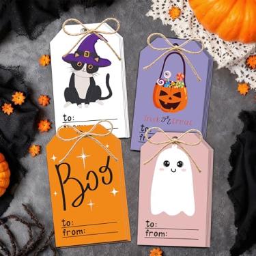 Imagem de Cazhes Etiquetas de presente de papel de Halloween, 40 peças de etiquetas de fantasma de Halloween com cordão, etiqueta de nome de doces ou travessuras para doces, embalagem de presente de gato preto