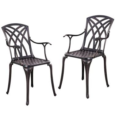Imagem de Withniture Conjunto de 2 cadeiras de jantar biistro de alumínio fundido com apoio de braço, cadeiras de jantar de metal para jardim e quintal, bronze