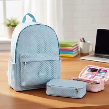 Imagem de Kit Mochila 2 Bolso E Estojo Perfurado Em Pu 100 Caneta Azul - BRW