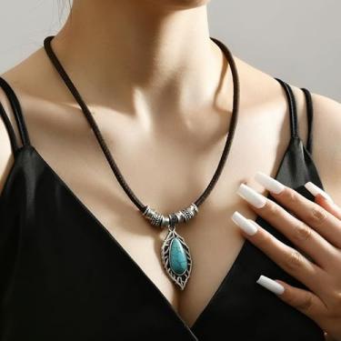Imagem de Colar feminino de couro turquesa estilo boho ajustável, com pingente de folha de prata antiga, acessórios de moda exclusivos para presente de Dia dos Namorados