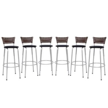 Imagem de Kit 6 Banquetas Alta Junco Argila Estrutura Prata 70cm Para Balcão Ilha Bancada Cozinha Bar Bistrô Americano - Itagold (Assento Preto)