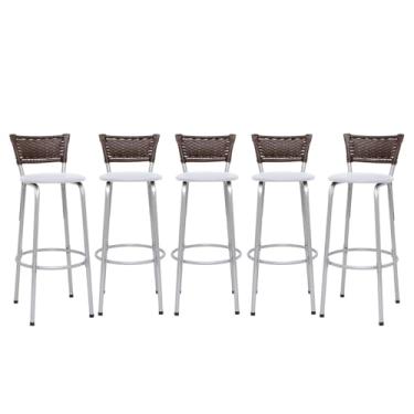 Imagem de Kit 5 Banquetas Alta Junco Argila Estrutura Prata 70cm Para Balcão Ilha Bancada Cozinha Bar Bistrô Americano - Itagold (Assento Branco)