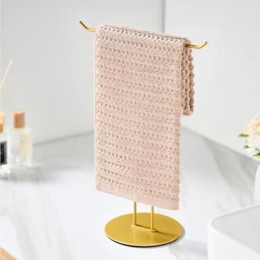 Imagem de Suporte de toalha de mão em forma de T – Toalheiro de bancada de aço inoxidável com base antiderrapante para banheiro, cozinha, penteadeira, ouro brilhante