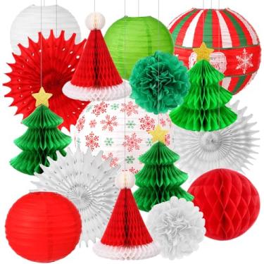 Imagem de Gilprop 17 peças de decorações de pendurar para festas de Natal, lanternas de papel, leques de pendurar no inverno, favos de mel, bolas de flores de papel para festas de Natal, quintal, interior