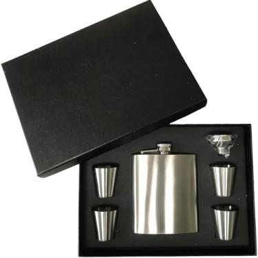 Imagem de Kit Cantil Inox Portátil Com Copos e Funil Whiskeira para Bebidas Whisky Dose Shot Presente Premium