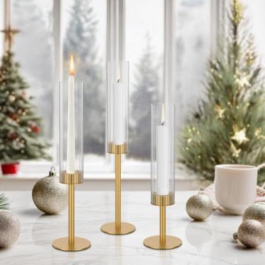 Imagem de Castiçais de vidro Hurricane dourados, conjunto de 3 castiçais modernos altos e transparentes a granel, castiçais para mesa de centro de mesa, casamento, Natal, decoração de casa