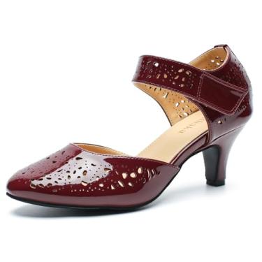 Imagem de Sapato feminino vintage Mary Janes confortável Oxford recorte baixo salto gatinho bico fechado elegante escritório, Vinho tinto, 35