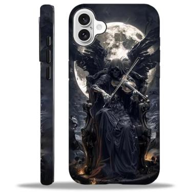 Imagem de WANKBLC Capa fosca compatível com iPhone 16 para meninas e meninos, design de corpo inteiro, silicone macio, proteção contra arranhões, padrão maluco, preto, Grim Reaper, violino, asas e lua