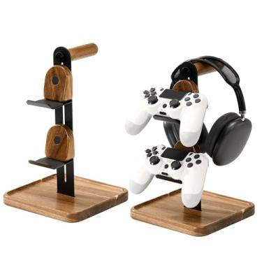 Imagem de blingwider Game Controller&Headphone Wood Stand for Desk, Adjustable Game Controller&Headphone Holder for PS/Xbox/Switch/Nintendo/Bose/AirPods,Organizer for Desktop Gaming Accessories,Wood,Black
