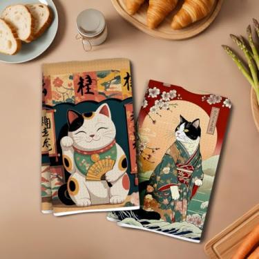 Imagem de 2 peças de toalhas de cozinha estilo japonês para gatos 35 x 61 cm, toalha de prato decorativa de microfibra absorvente, toalhas de mão de waffle para cozinha, casa, banheiro, presentes para amantes