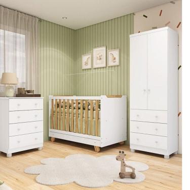 Imagem de Quarto de Bebê com Guarda-roupa 2 Portas Cômoda e Berço 4em1 Minicama 100% Mdf Mike Espresso Móveis Branco Brilho/Amêndoa