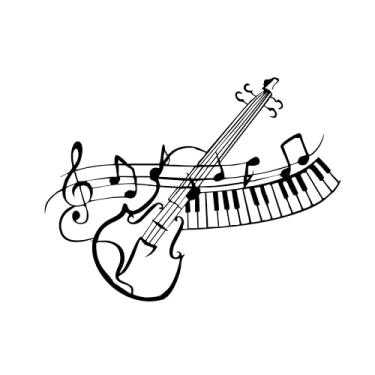 Imagem de KitchKit Decoração de arte de parede de música de metal, design de teclas de violino e piano, padrão de notas musicais, arte de parede preta metálica da Brinicle Design