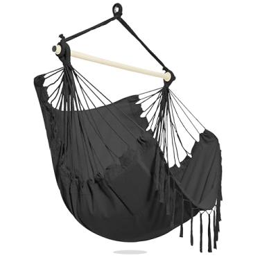 Imagem de PNAEUT Cadeira de rede com borla para pendurar no exterior, para quarto, exterior, pátio (cinza escuro com borlas)