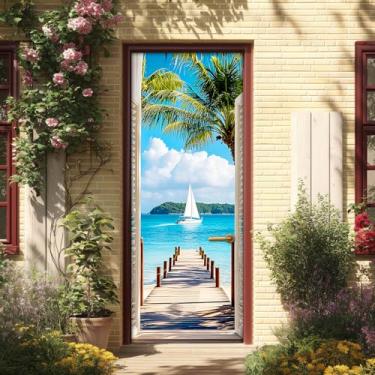 Imagem de HOMETITUTE Adesivo branco para porta do obturador, estilo tropical, removível, impermeável, vinil, papel de parede decorativo autoadesivo para casa, quarto, escritório, 77 x 199 cm