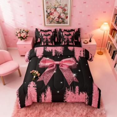 Imagem de Jogo de cama kawaii, solteiro, 7 peças, com laço e nó de lantejoulas; conjunto de lençol e edredom fofo com laço de fita brilhante, céu estrelado e sonhador de princesa, rosa claro