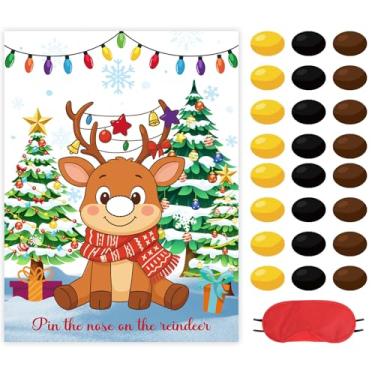 Imagem de Faccito Jogo de festa de Natal Pin The Nose on the Rena Jogo de festa de Natal Conjunto de pôsteres de rena com 24 adesivos de nariz, 1 venda para atividades de férias de Natal em família, suprimentos