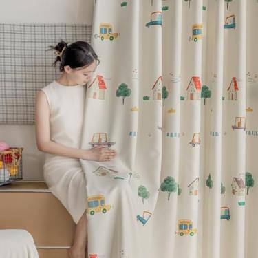 Imagem de AiFMQQ 1 painel de desenho animado de carros crianças cortinas blackout para quarto de meninos meninas sala de estar com ilhós, cortina escurecedora para quarto de bebê (W99 C 84 polegadas, bege)