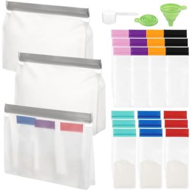 Imagem de Toyosport Conjunto de 26 recipientes de viagem de proteína em pó, sacos reutilizáveis de dose única, recipientes portáteis de armazenamento de suplementos, inclui funil e colher, 6 x 15,5 cm e 25,4 x