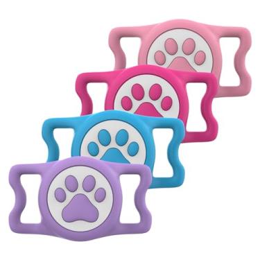 Imagem de ilFindYou Pacote com 4 IP68 à prova d'água, compatível com suporte de coleira de cachorro Air Tag, suporte de silicone para Apple Air Tag (roxo, rosa, azul e rosado)