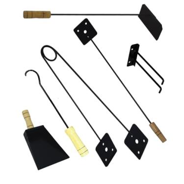 Imagem de Kit Completo de Acessórios para Fogão a Lenha, 6 Peças em Aço Carbono, Cabo de Madeira, Suporte de Parede, Pintura Eletrostática Preta, para Churrasqueira e Lareira