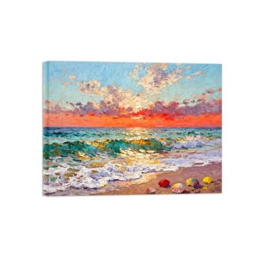Imagem de Quadro raia em tela-Impressionismo Mar Laranja Céu-Arte moderna Pintura para sala de estar decoração casa Pronto para pendurar 60x80cm