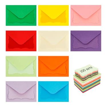 Imagem de 100 mini envelopes com cartões de presente, 10 cores, 10 x 2,7 polegadas, conjunto de envelopes pequenos fofos faça você mesmo, cartão de agradecimento para casamento, festa de aniversário, chás de