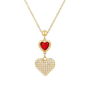 Imagem de Unurgoonit Colar feminino com pingente de coração dourado, corrente de aço inoxidável com coração vermelho e zircão, pingente de coração duplo, delicado em camadas, presente para ela, Metal, Zircônia