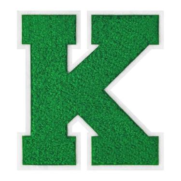 Imagem de 1 peça de patch de letra de chenille verde de 15 cm com borda branca – adesivos do alfabeto para roupas, jaquetas, mochilas, chapéus para decoração personalizada, nome personalizado e artesanato. (K)