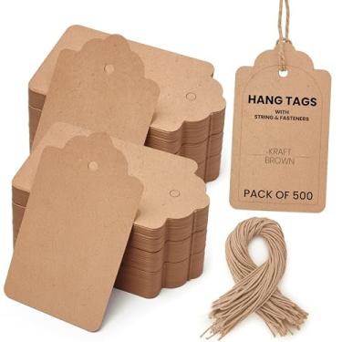 Imagem de Pacote com 500 etiquetas de pendurar em branco com cordão e fixadores, etiquetas de papel cartolina de 5 x 9 cm para etiquetagem, preços e presentes – etiqueta marrom kraft para varejo, roupas