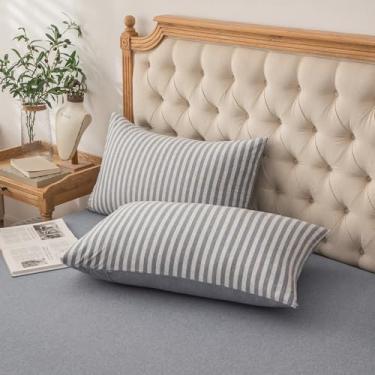Imagem de PURE ERA Fronhas de malha jersey 100% algodão super macio confortável respirável, conjunto de 2, King 50,8 cm x 91,4 cm, listras cinza azulado mesclado